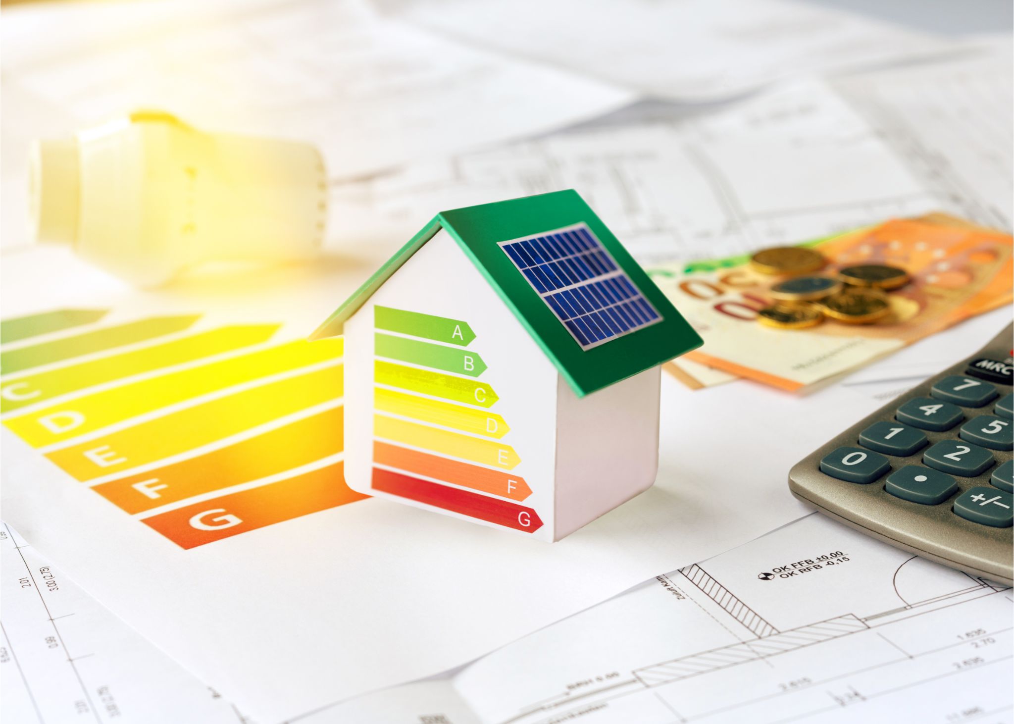 Kleines weißes Modellhaus mit grünem Dach zur Veranschaulichung der Energieeffizienz mittels Klassifizierungsdiagramm von A bis G