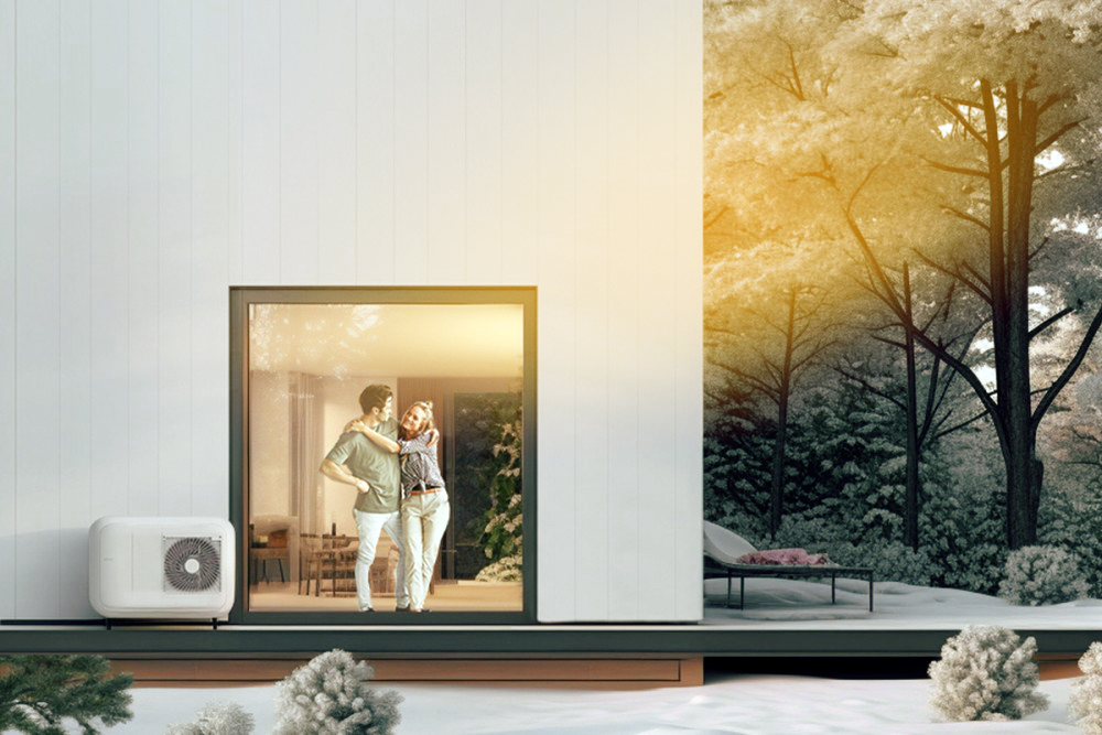 Pärchen steht im Haus. Im Vordergrund befindet sich eine Wärmepumpe