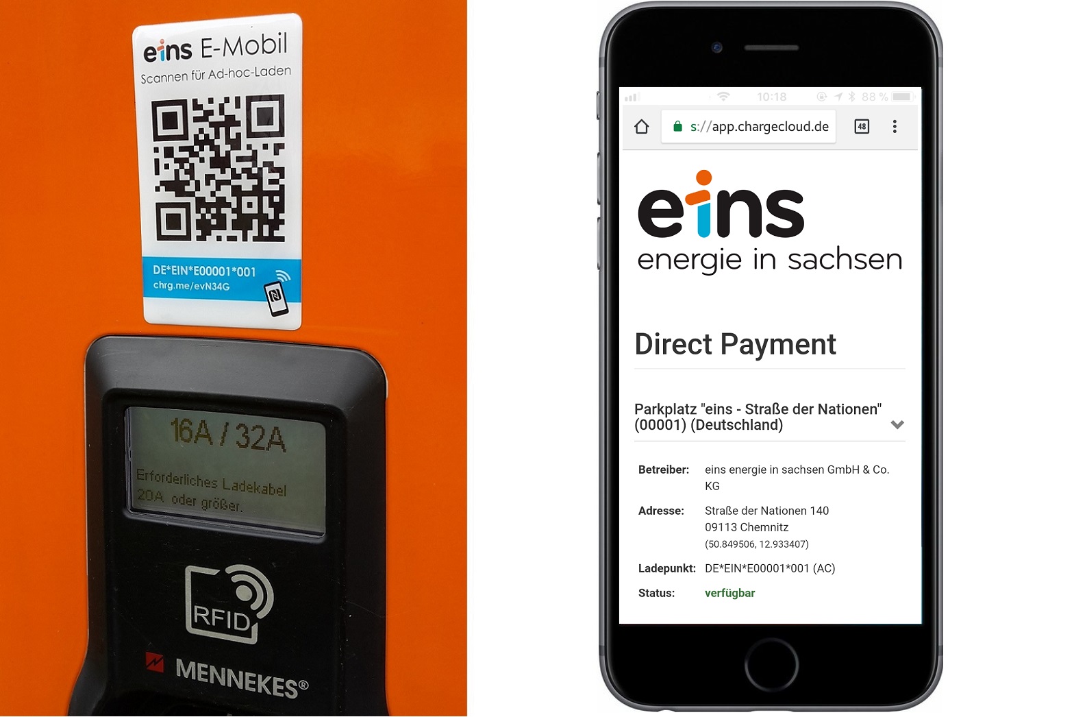 Sanner für das Ad-Hoc-Laden an einer Ladesäule und Abbild eines Handys das die Direct Pament Funktion der App zeigt.