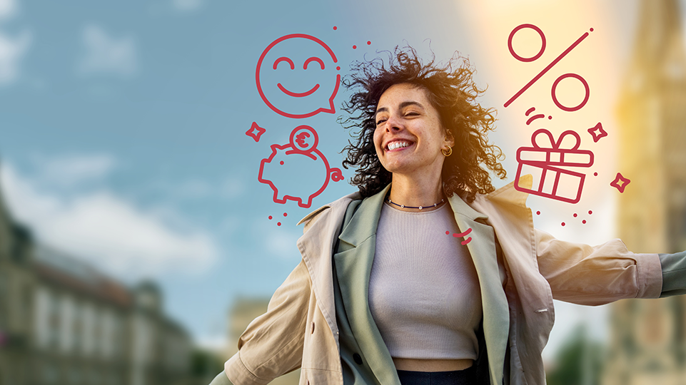 einsBonuswelt: Eine junge Frau freut sich.