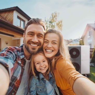 Familie vor Haus mit Wärmepumpe
