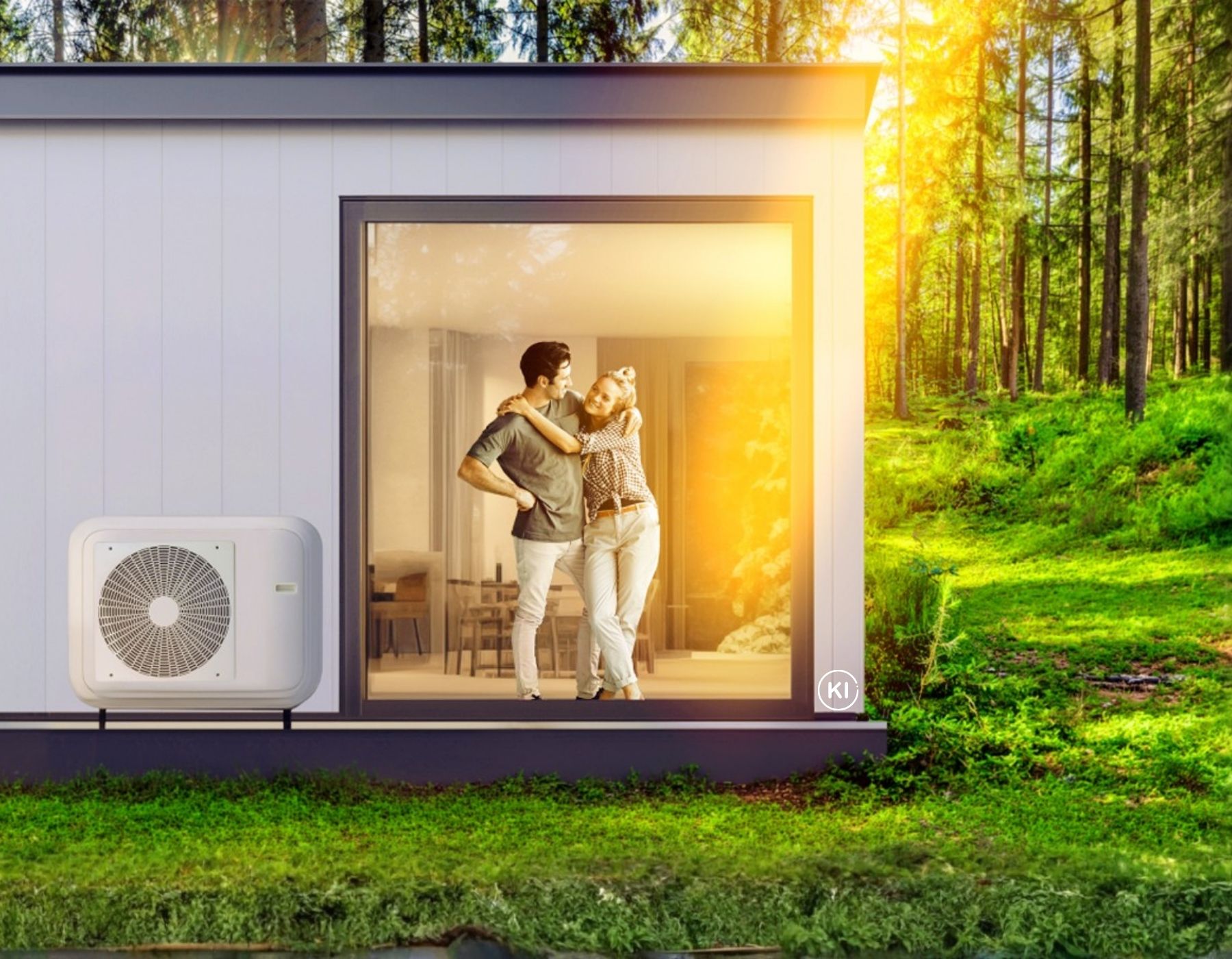 Mann und Frau stehen in ihrem Haus. Eine Wärmepumpe ist am Haus zu erkennen.