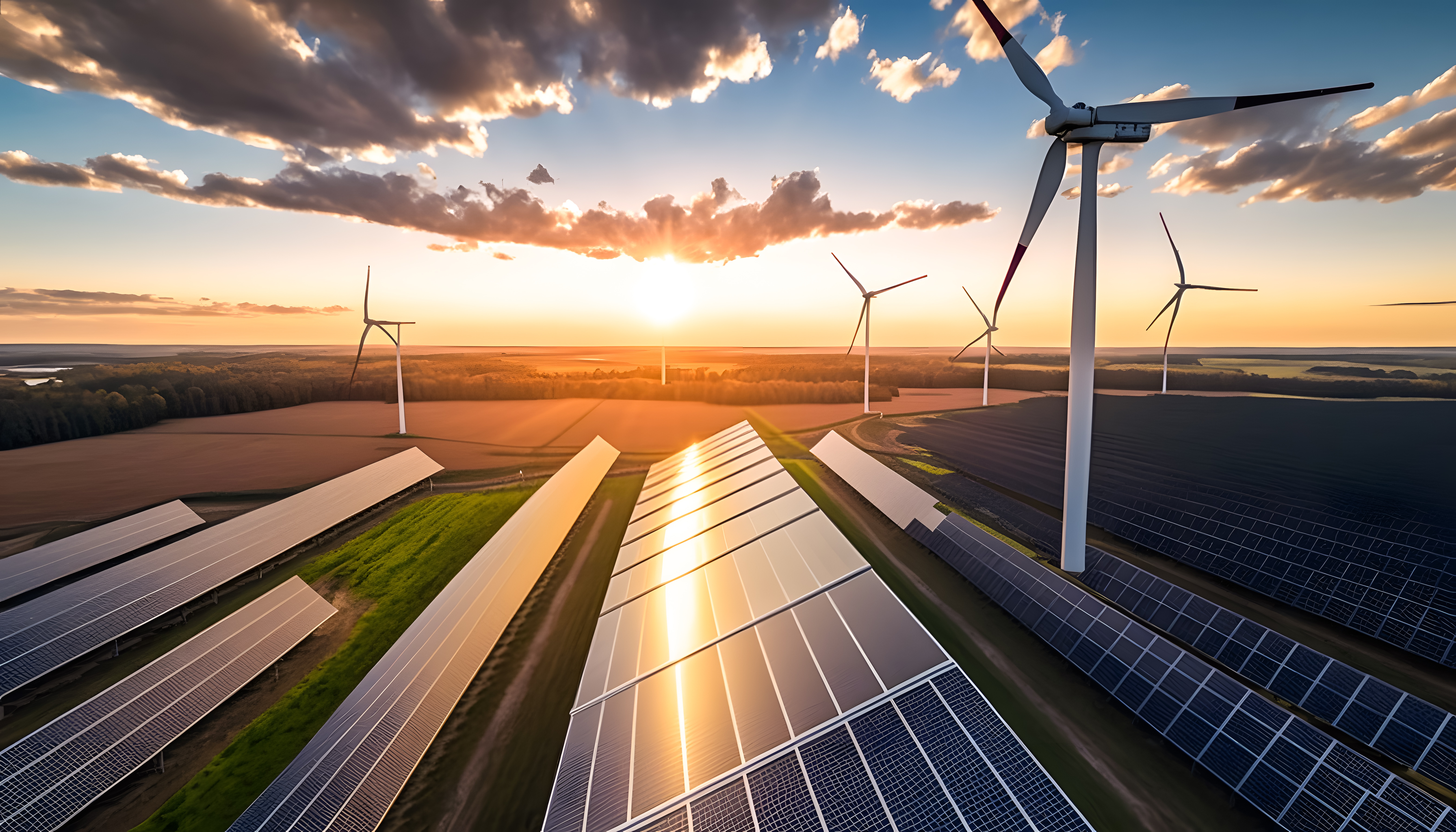 Photovoltaikanlage mit Windrädern im Hintergrund