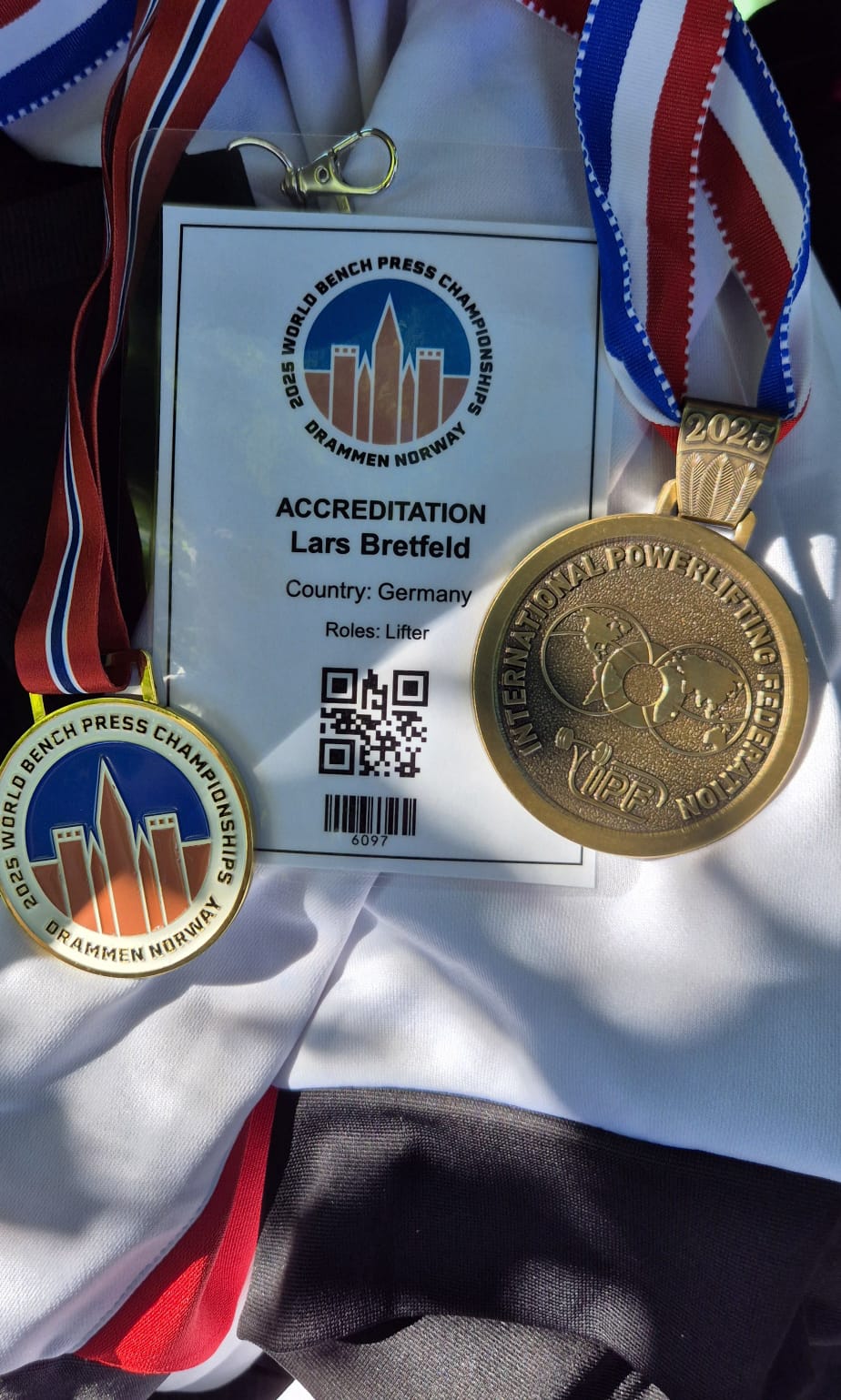 Lars Bretfelds Medaille für den 3. Platz im Bankdrücken, bei der WM in Drammen in Norwegen.
