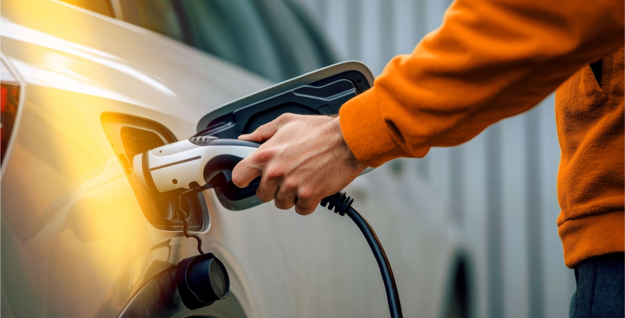 Mann lädt sein Elektroauto auf