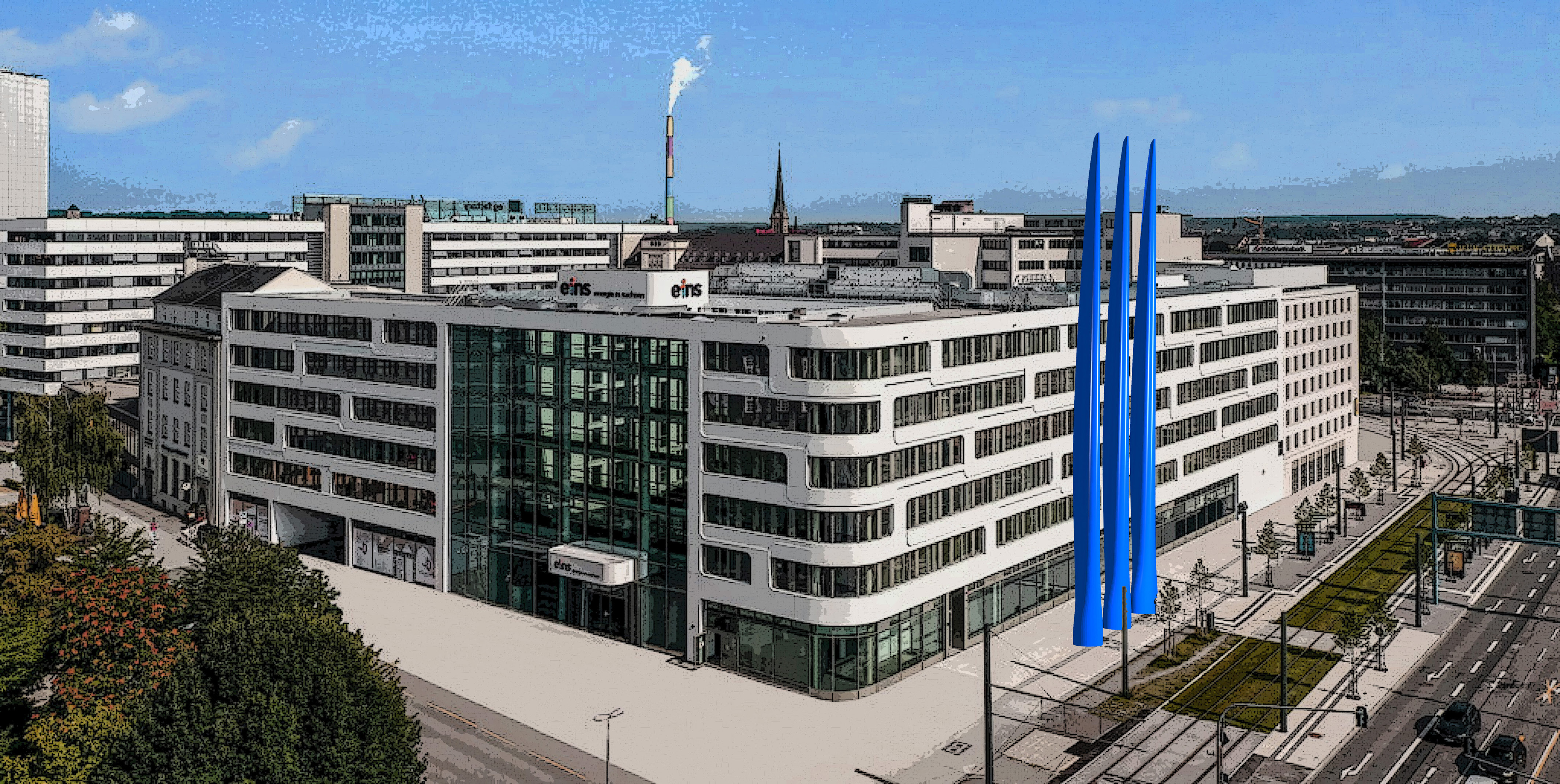 Bild der Firmenzentrale von eins mit drei eingezeichneten, blauen das Gebäude überragenden, spitz zulaufenden Säulen.