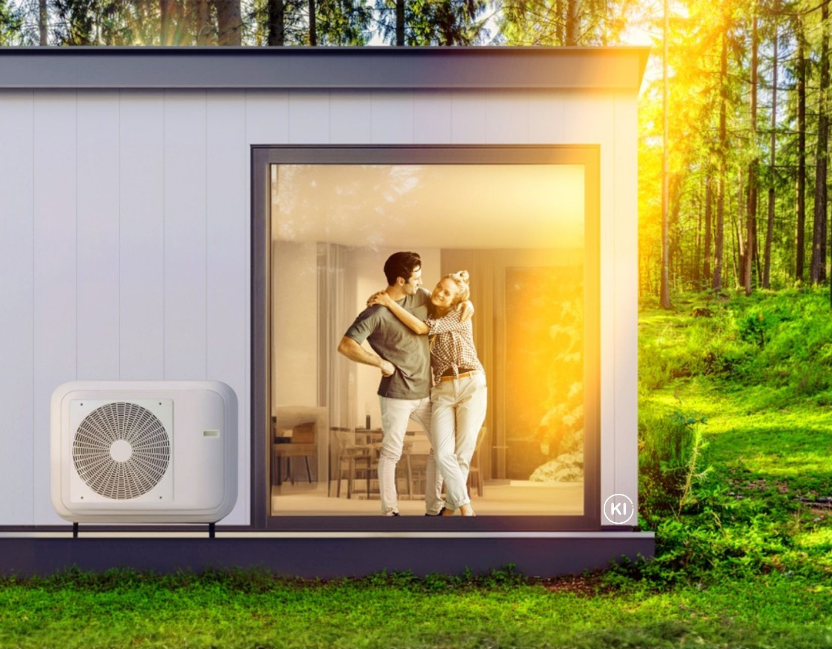 Pärchen steht im Haus. Im Vordergrund befindet sich eine Wärmepumpe
