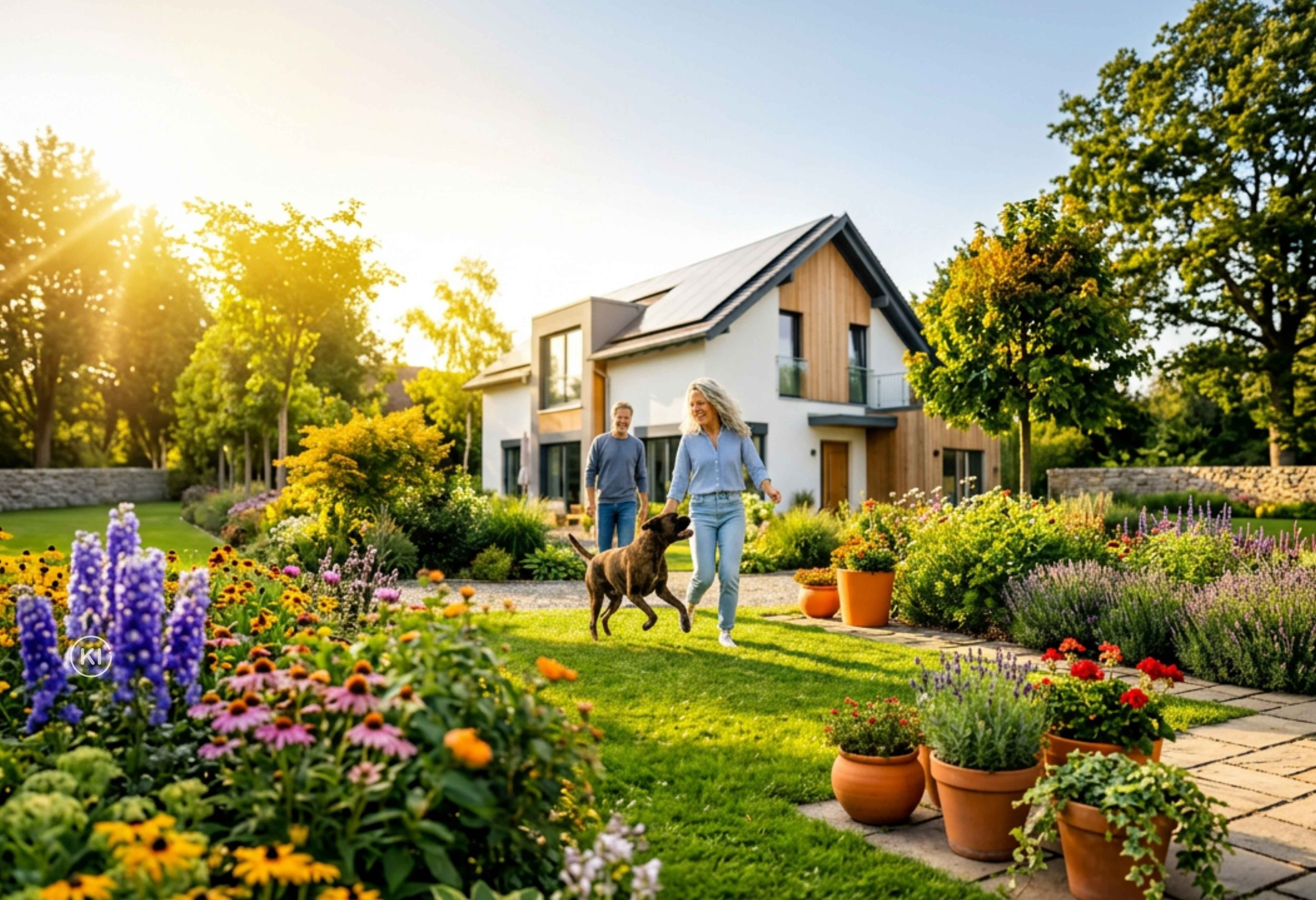 Ein Haus mit Solar auf dem Dach steht im Hintergrund, davor läuft ein paar mit ihrem Hund im Garten