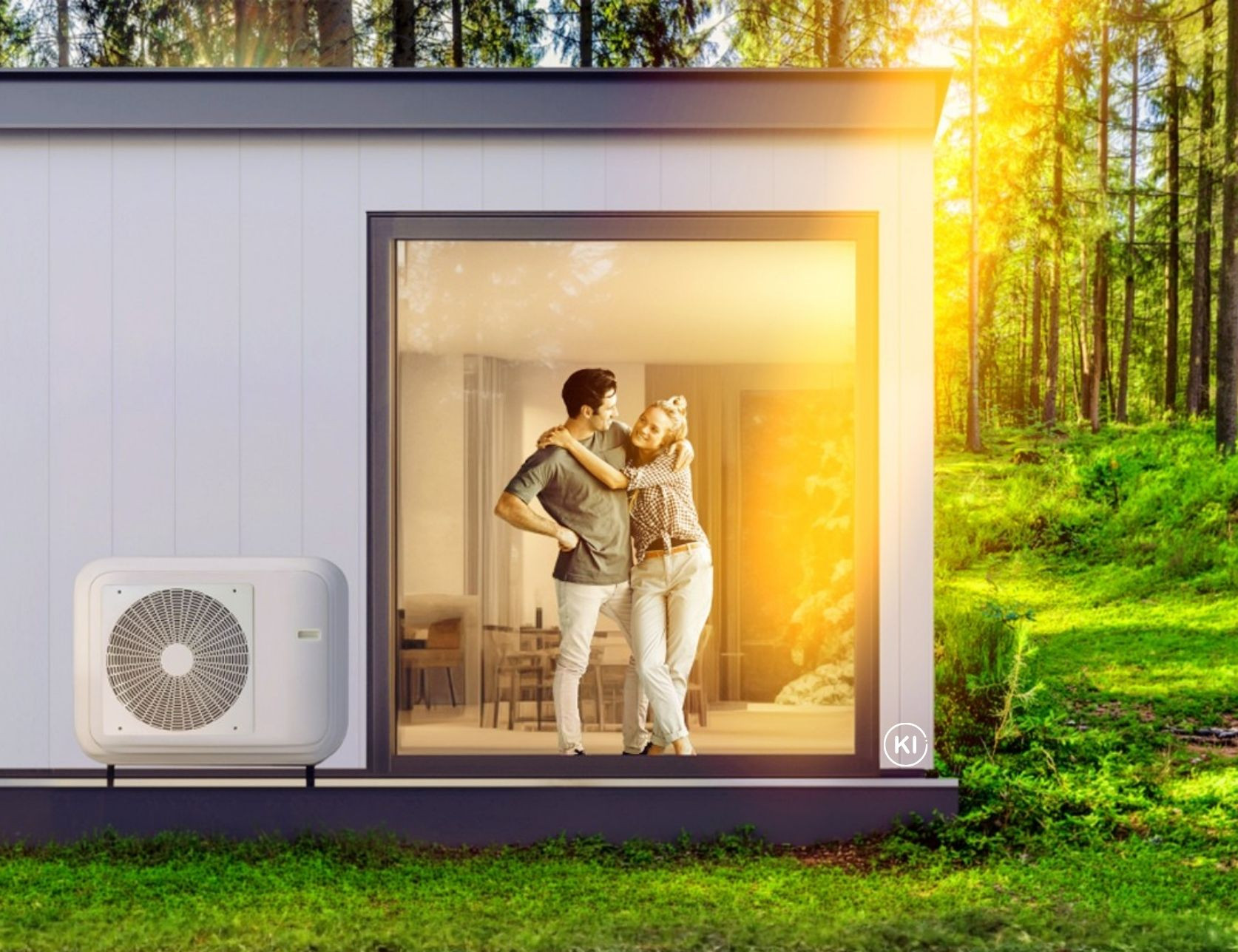 Pärchen steht im Haus. Im Vordergrund befindet sich eine Wärmepumpe