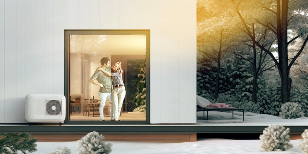 Pärchen steht im Haus. Im Vordergrund befindet sich eine Wärmepumpe