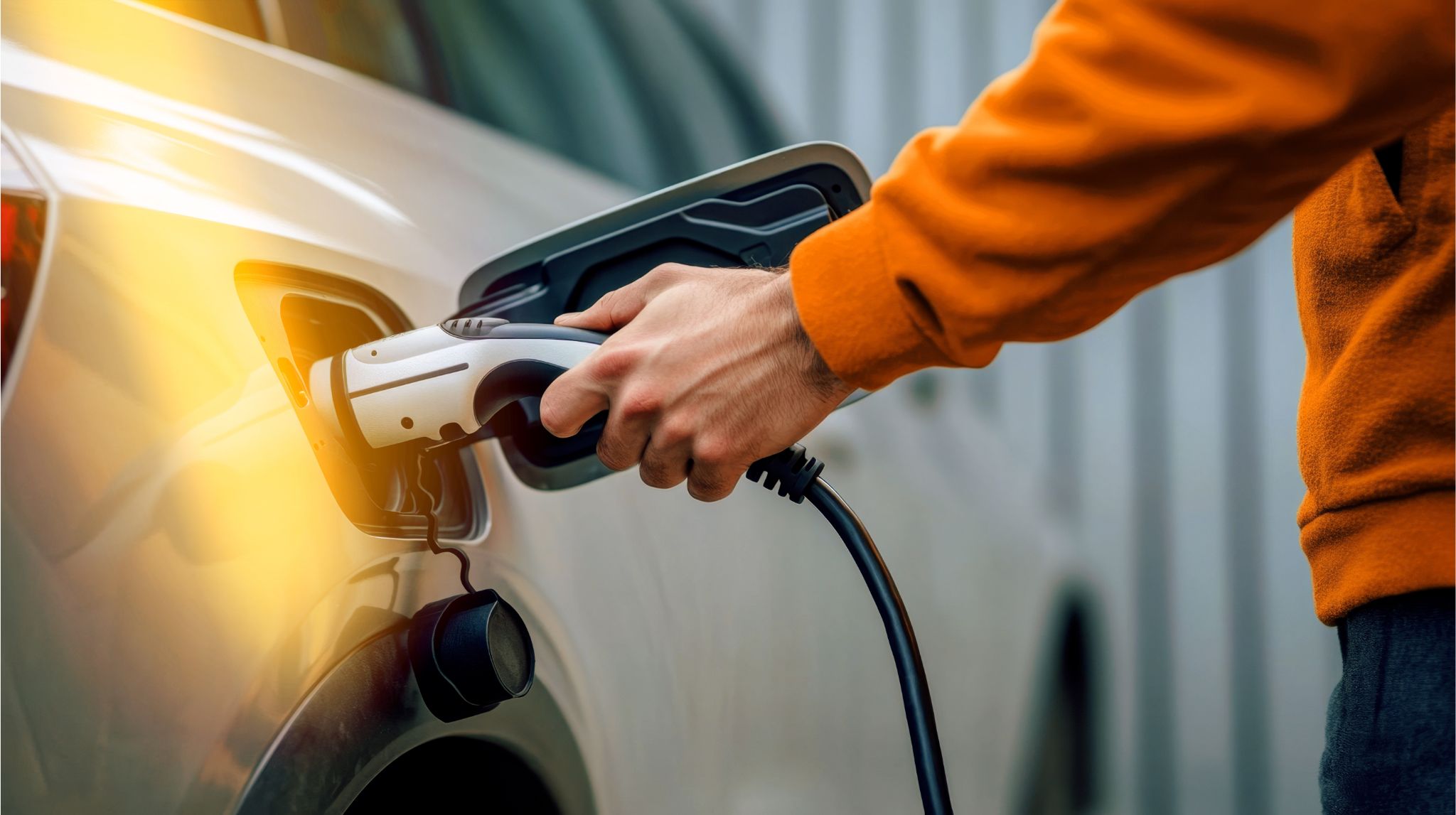 Mann lädt sein Elektroauto auf