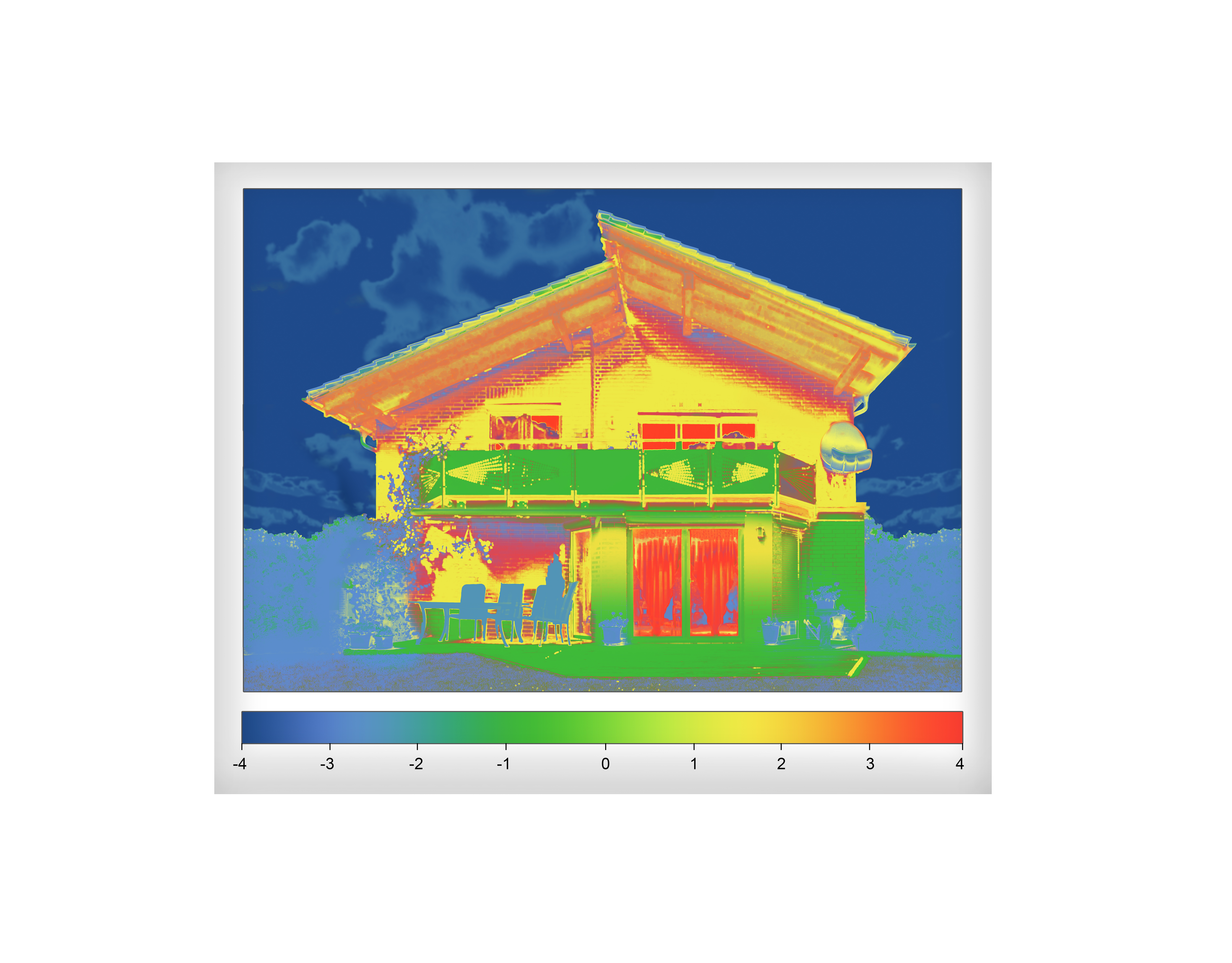 Thermografie-Foto eines Einfamilienhauses mit Farbdiagramm