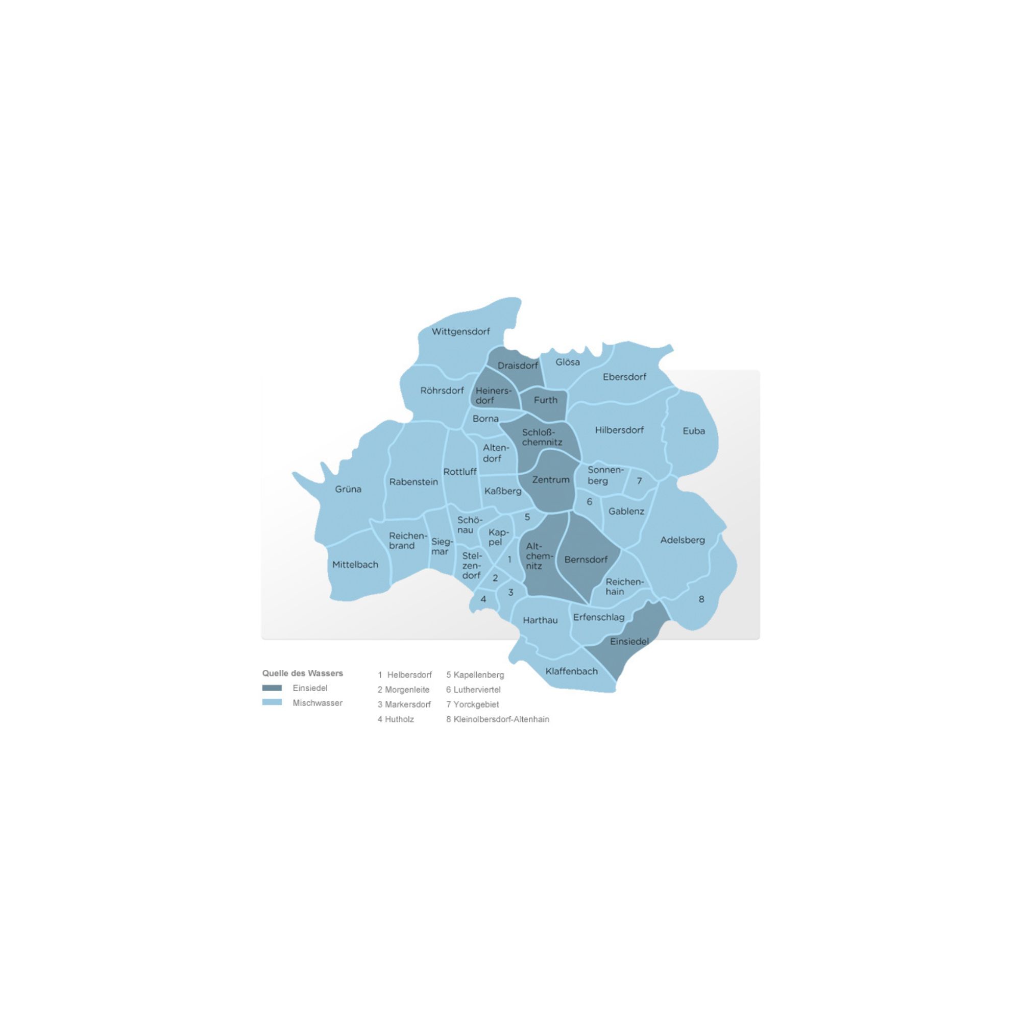 Eine Karte der Stadt Chemnitz unterteilt in die einzelnen Stadtteile. Die Stadtteile sind farbig markiert. Hellblau für Mischwassergebiet und dunkelblau für Wasser aus Einsiedel.