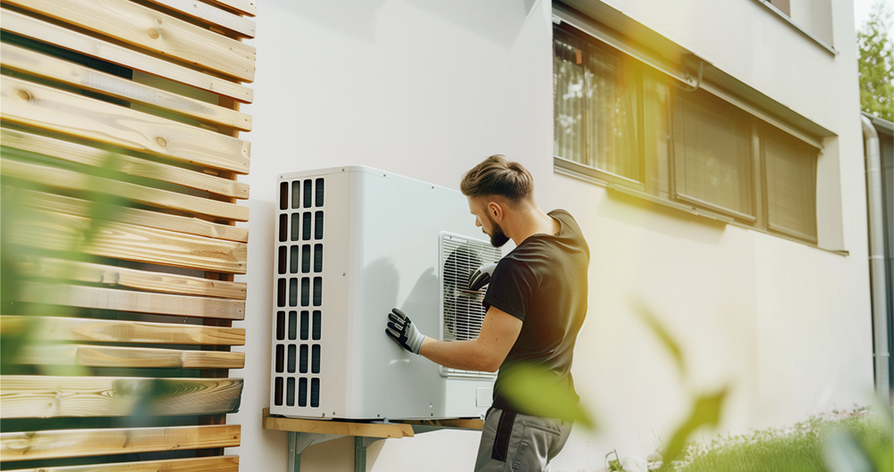 Ein Handwerker installiert eine Wärmepumpe am Haus