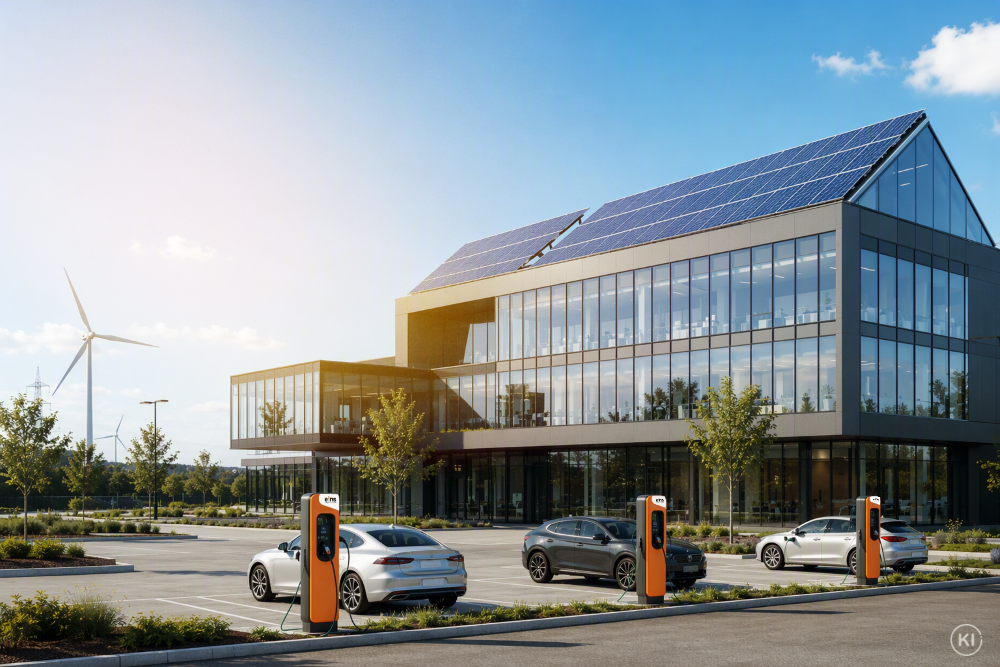 Bürogebäude mit E-Autos auf dem Parkplatz